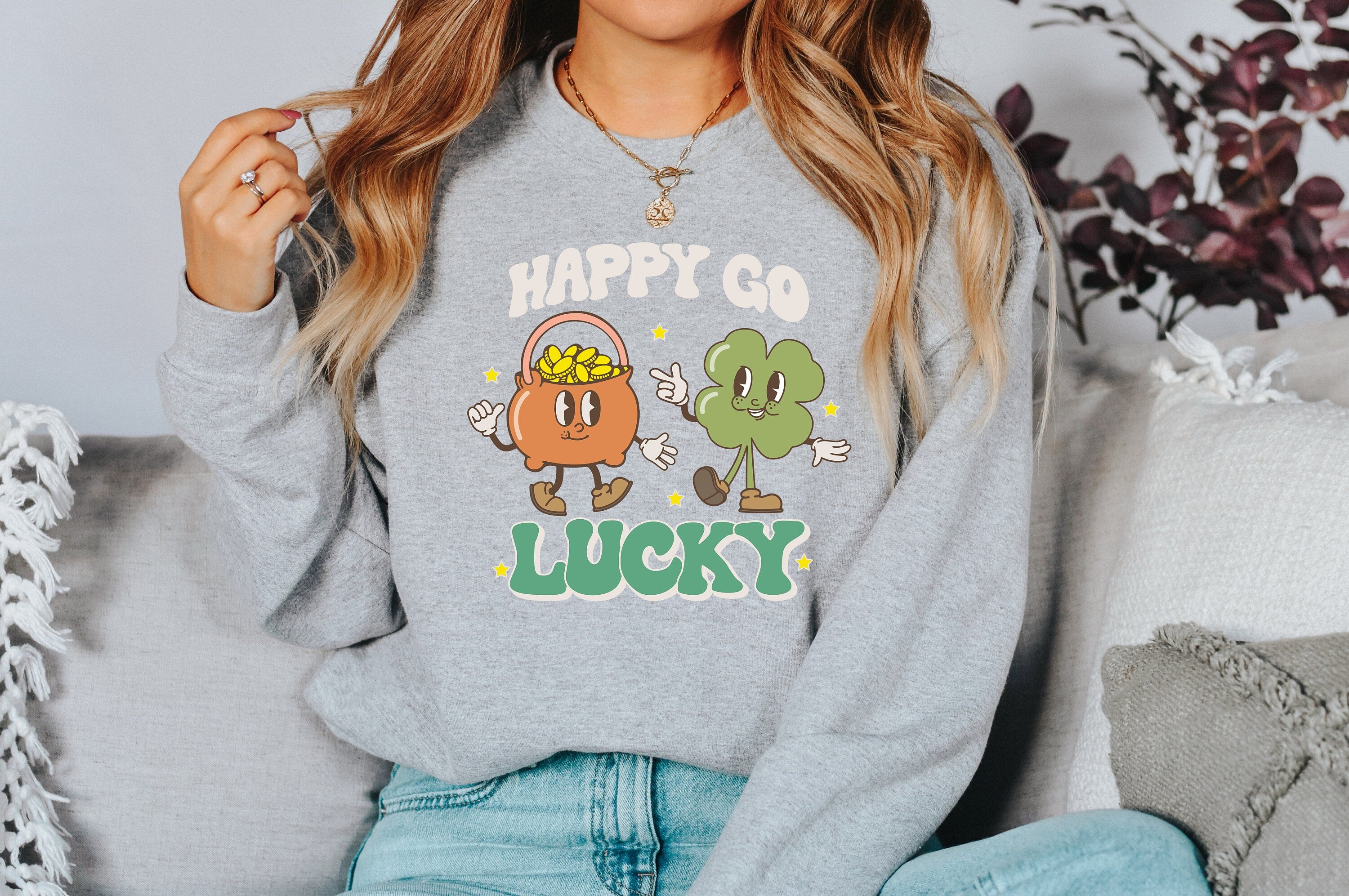 Happy Go Lucky Sweatshirt, Lucky Clover Sweater, St Patricks Day Sweatshirt, Lucky Pullover, Womens Sweatshirt, Crewneck, Shamrock Shirt