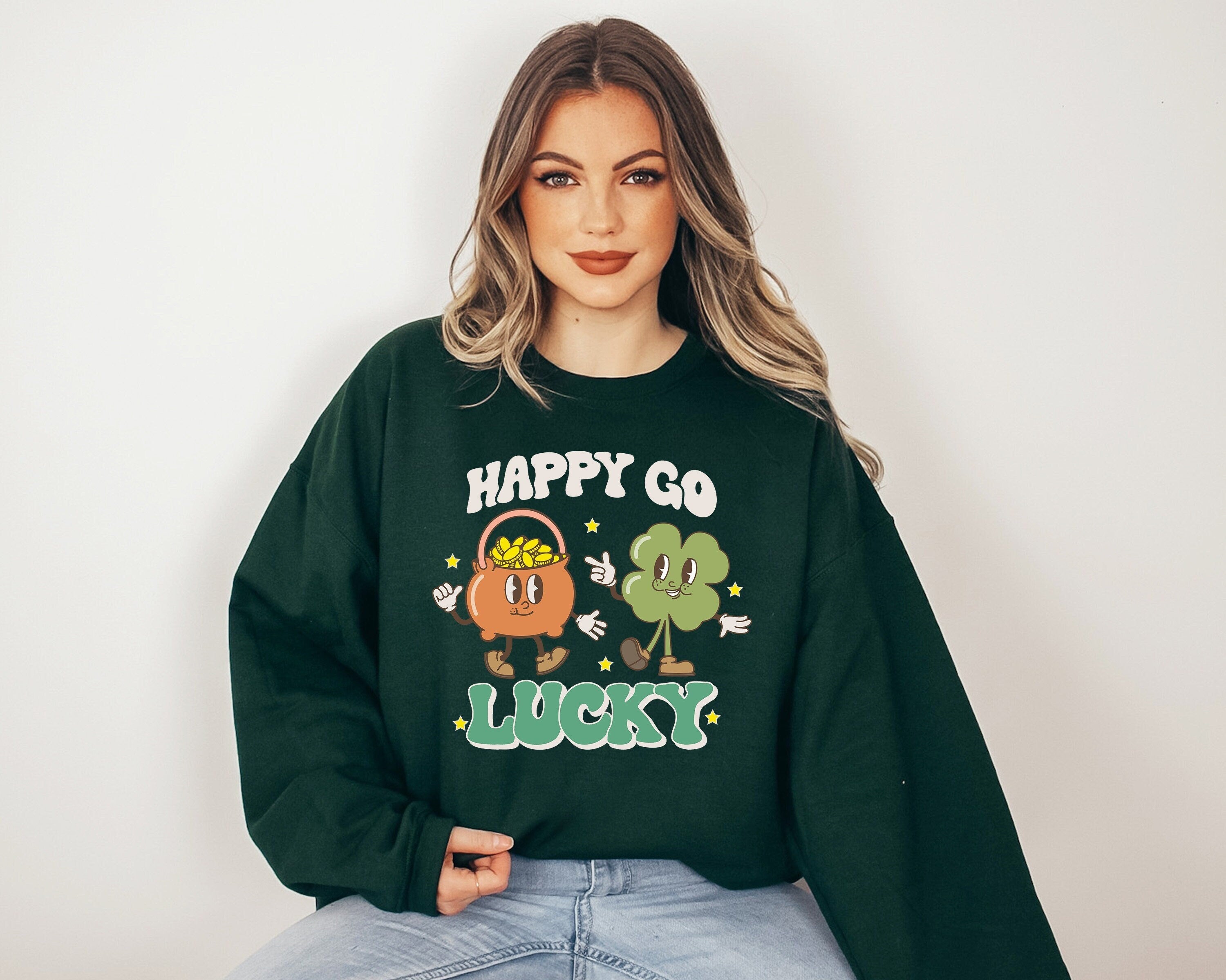 Happy Go Lucky Sweatshirt, Lucky Clover Sweater, St Patricks Day Sweatshirt, Lucky Pullover, Womens Sweatshirt, Crewneck, Shamrock Shirt