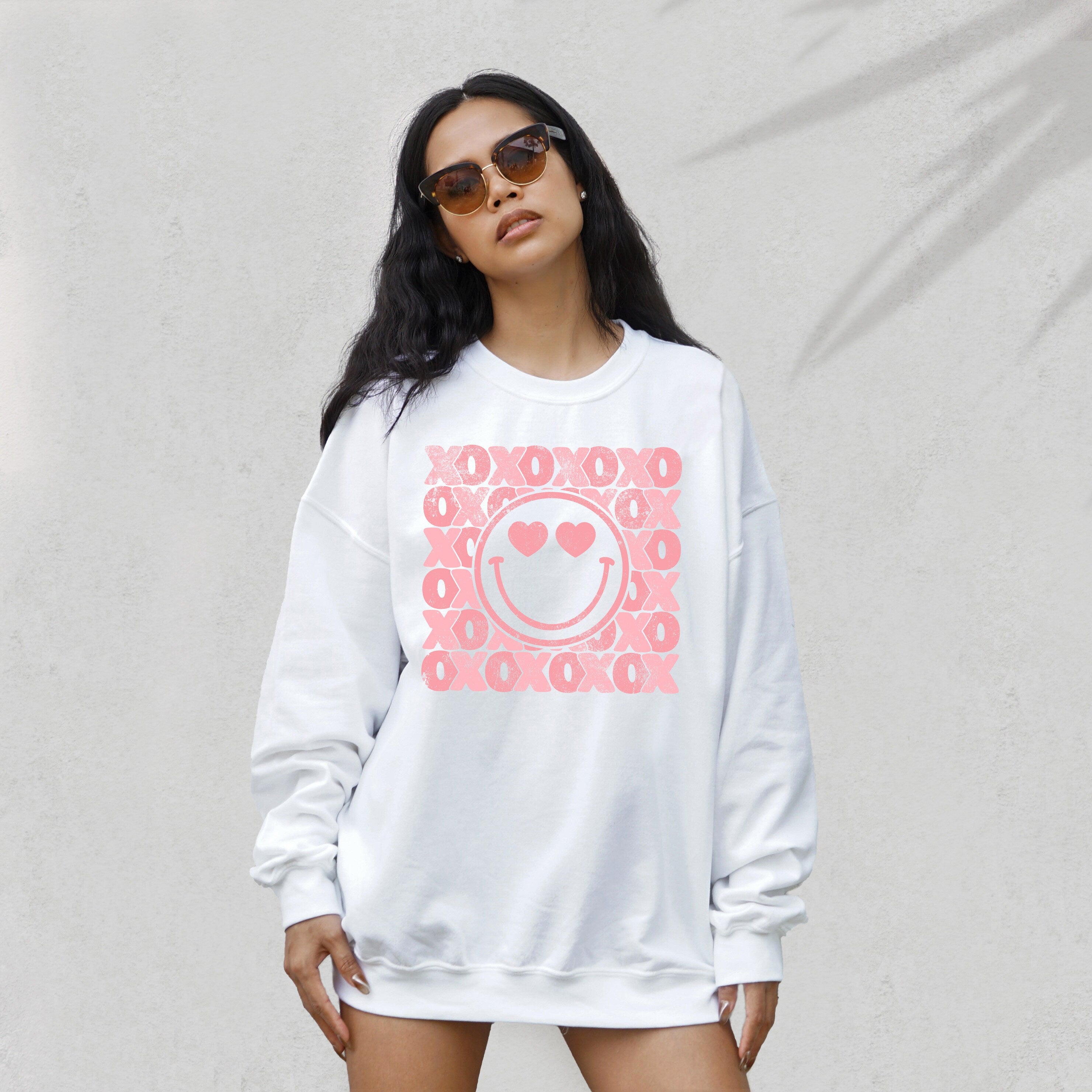 Retro Valentines Sweatshirt, Love Vibes, Valentines Day, Love Pullover, Womens Love Sweatshirt, Red Crewneck, Pink Heart Smiley Face Sweater