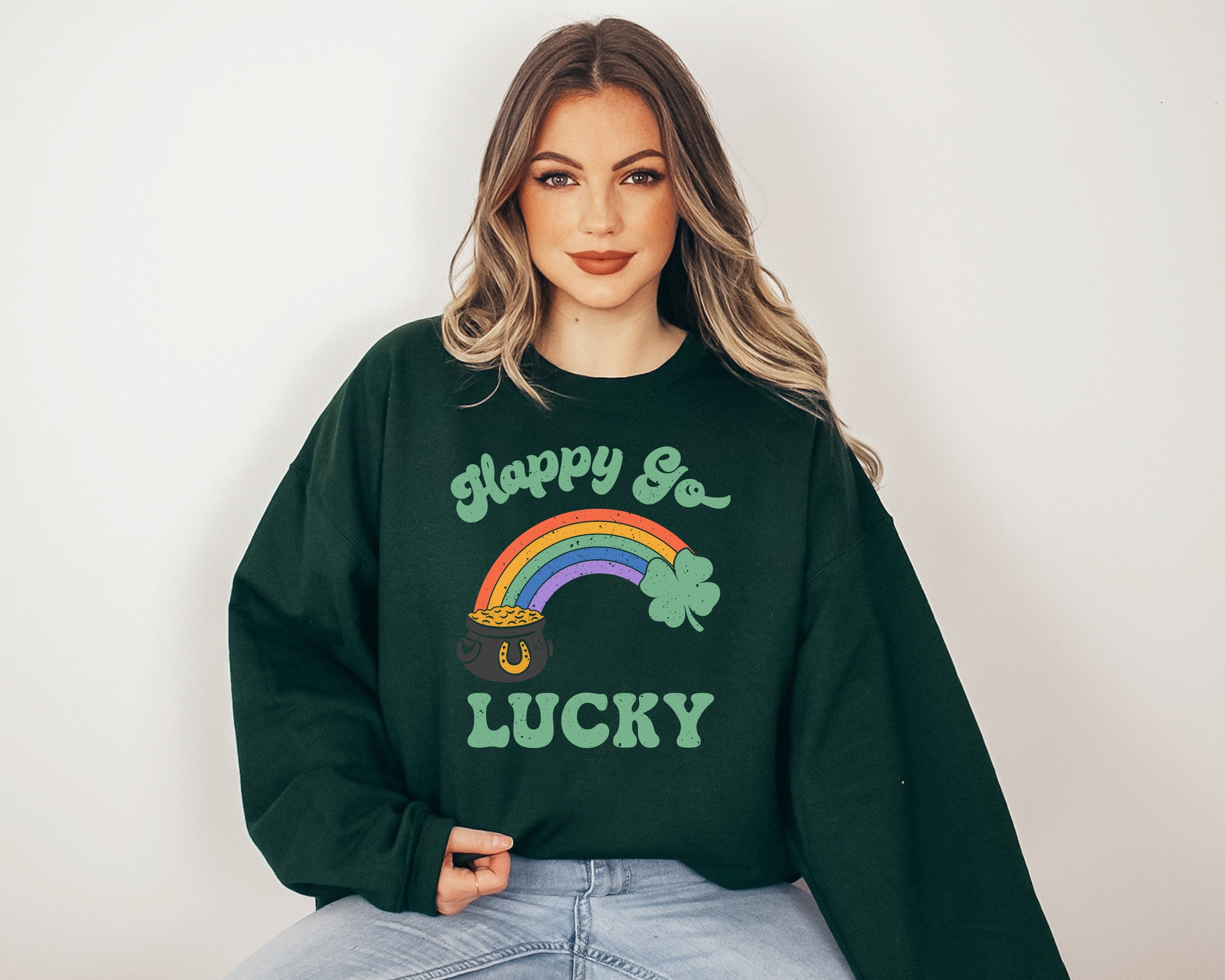 Happy Go Lucky Sweatshirt, Lucky Rainbow Sweater, St Patricks Day Sweatshirt, Lucky Pullover, Womens Sweatshirt, Crewneck, Shamrock Shirt