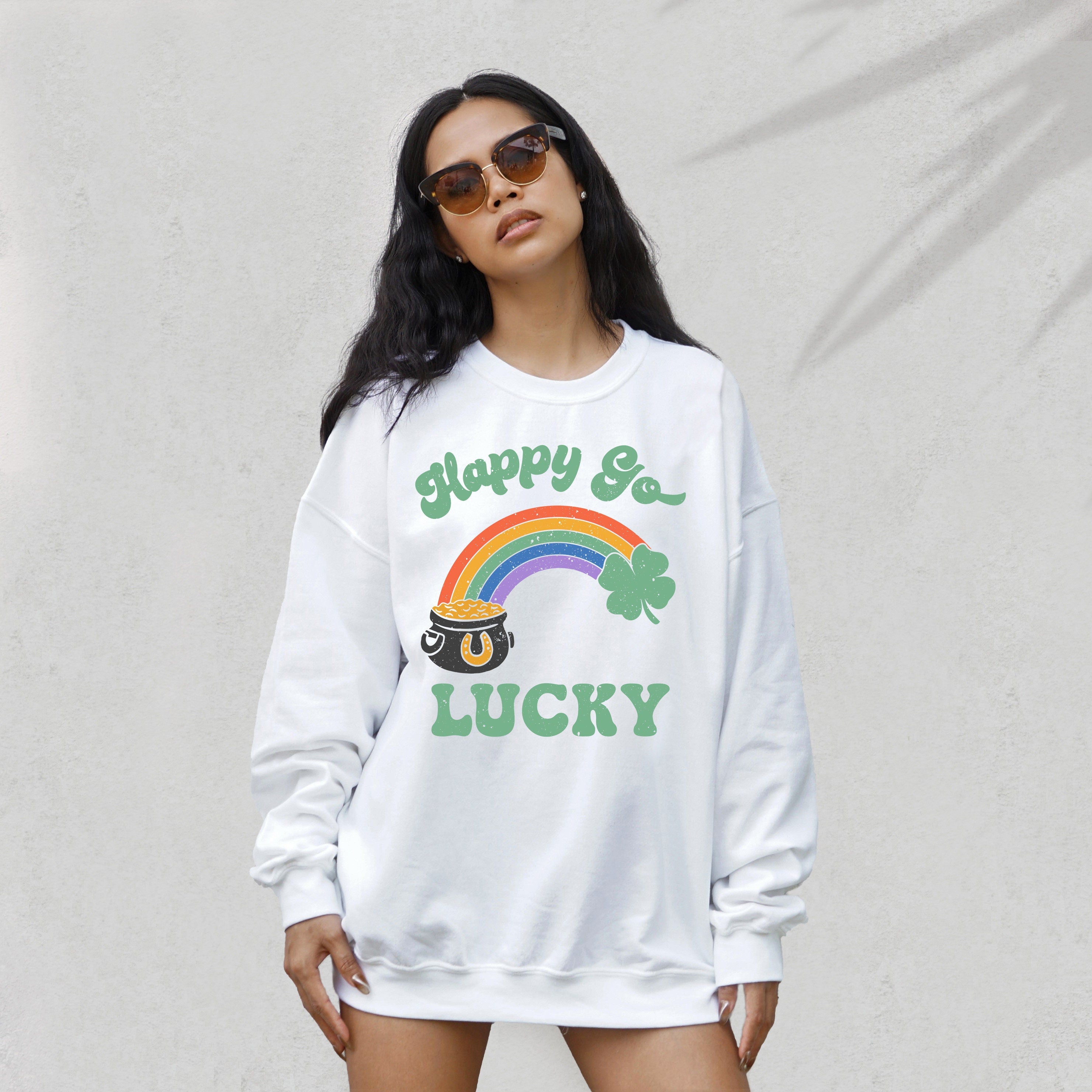 Happy Go Lucky Sweatshirt, Lucky Rainbow Sweater, St Patricks Day Sweatshirt, Lucky Pullover, Womens Sweatshirt, Crewneck, Shamrock Shirt