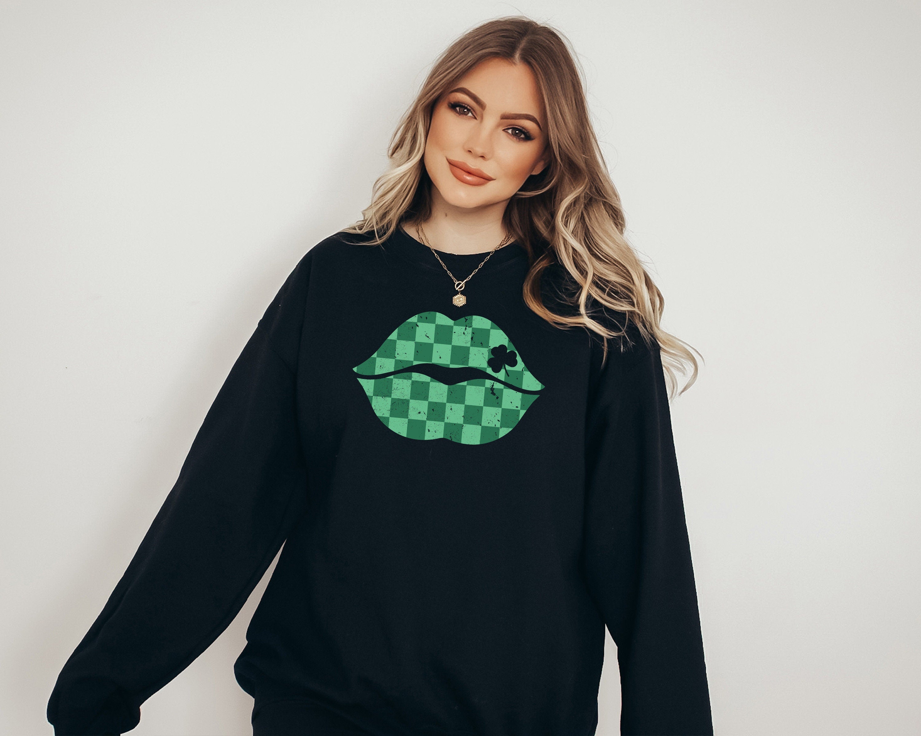 Lucky Retro Sweatshirt, Checkered Lips Sweater, St Patricks Day, Lucky Pullover, Womens Lucky Sweatshirt, Lucky Crewneck, Shamrock