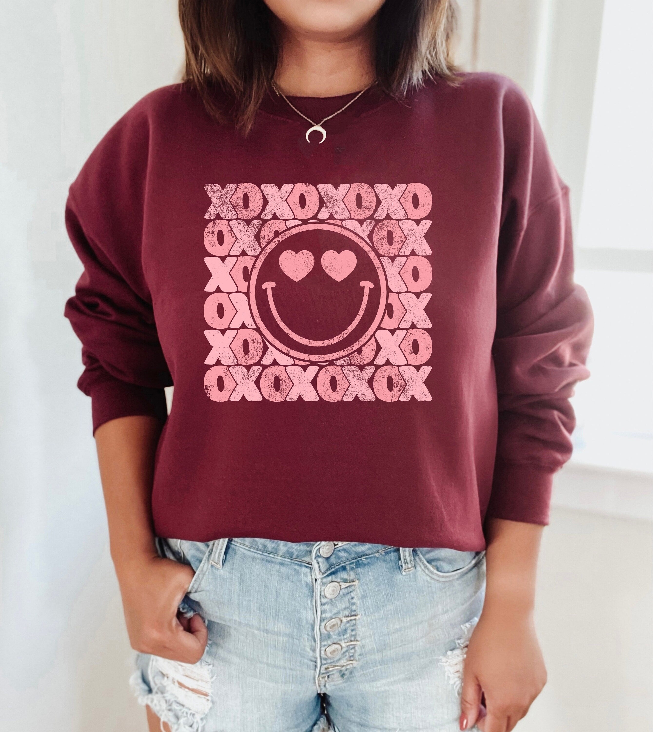 Retro Valentines Sweatshirt, Love Vibes, Valentines Day, Love Pullover, Womens Love Sweatshirt, Red Crewneck, Pink Heart Smiley Face Sweater