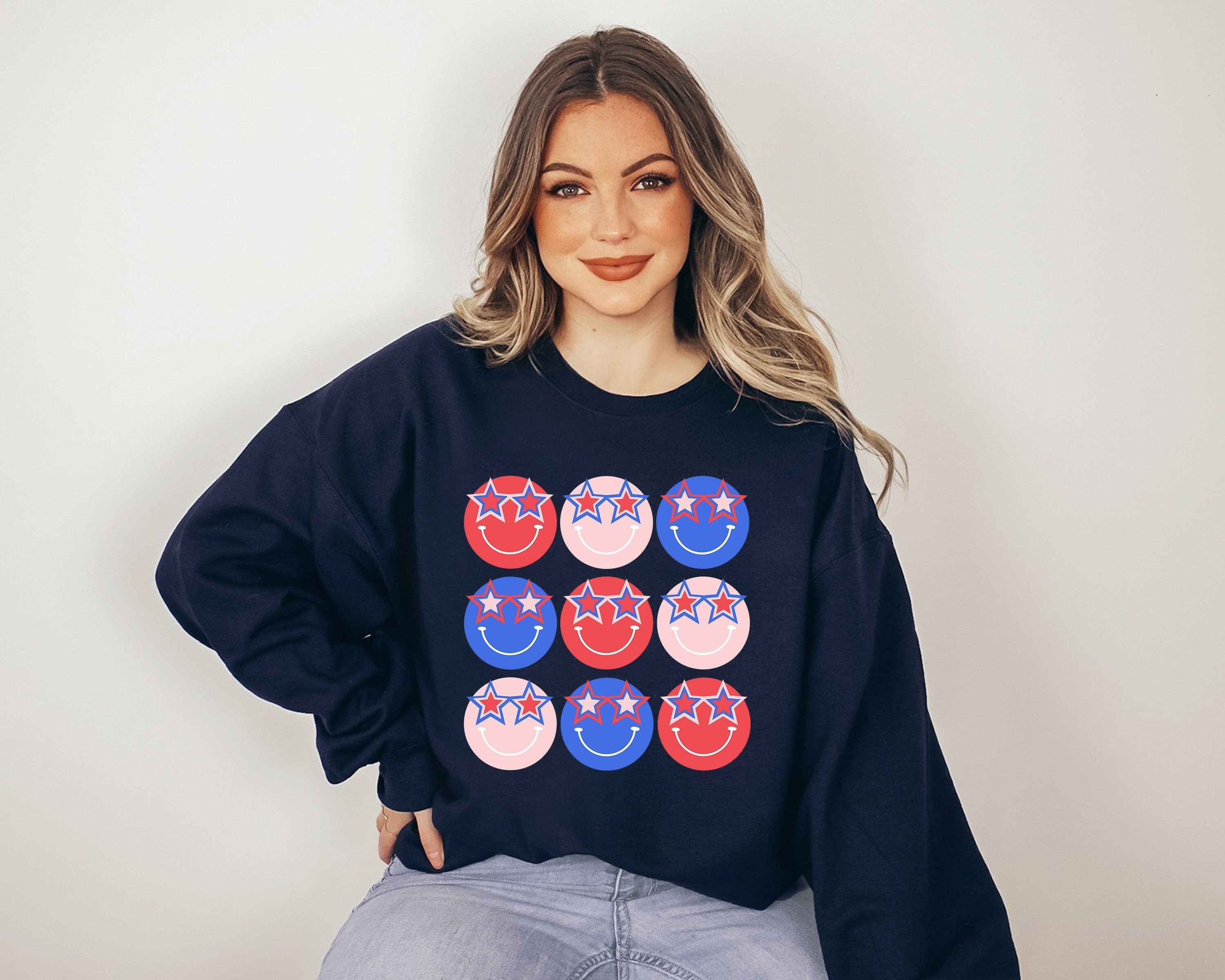 Retro Fourth of July Sweatshirt, Smiley USA, 4th of July Sweater, America Pullover, Womens Sweatshirt, Independence Day, Patriotic