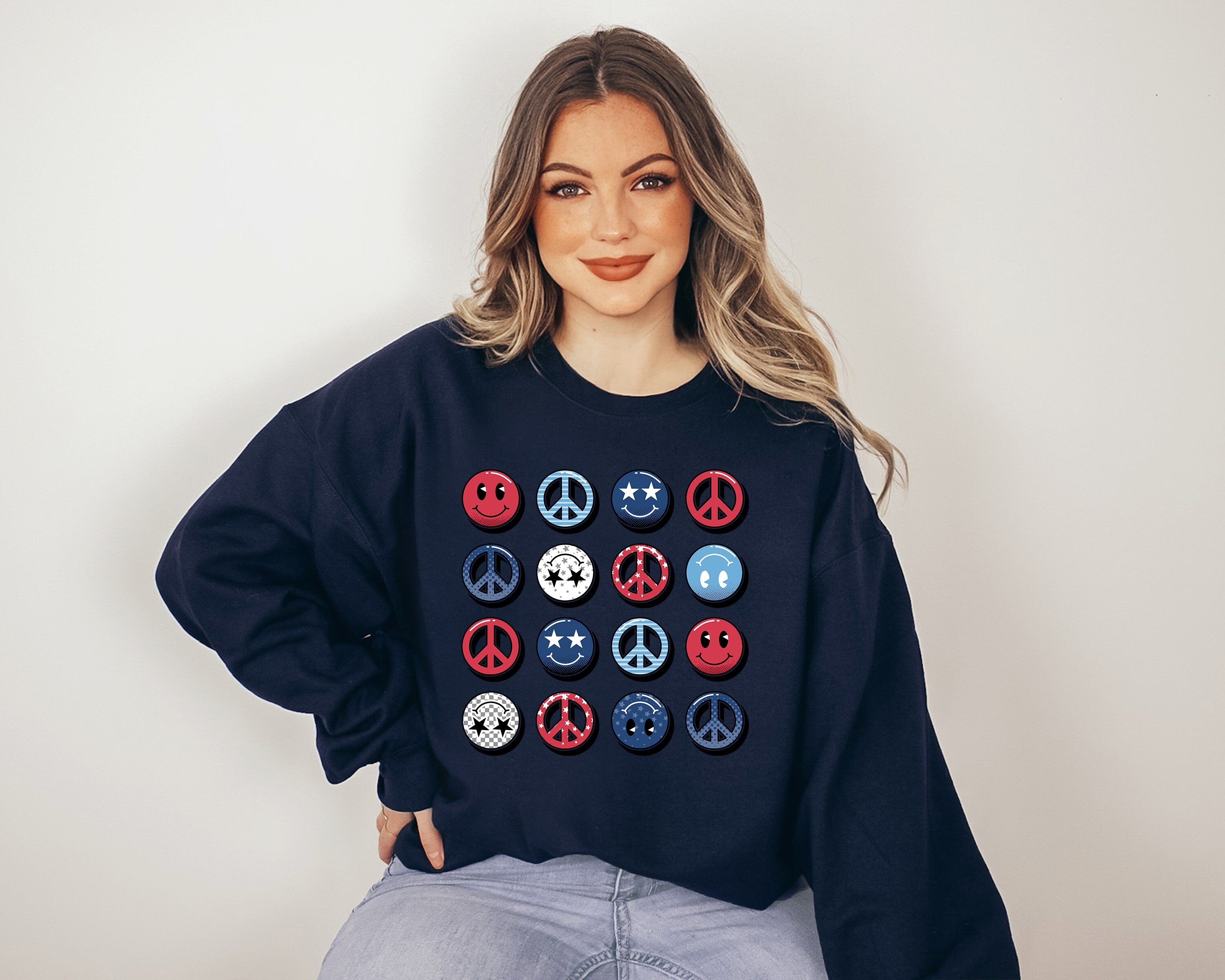 Retro Fourth of July Sweatshirt, Peace and Smiley USA, 4th of July Sweater, America Pullover, Womens Sweatshirt, Independence Day, Patriotic