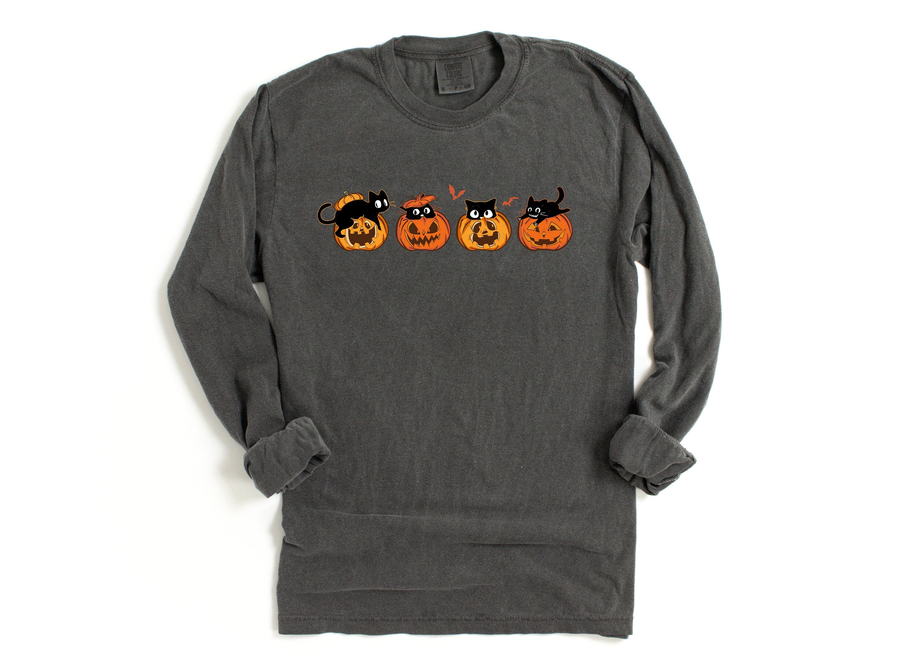 Long Sleeve Retro Halloween Comfort Colors Shirt, Vintage Kitten Pumpkin Halloween Shirt, Pumpkin Shirt, Retro Fall Shirt, Graphic T-shirt