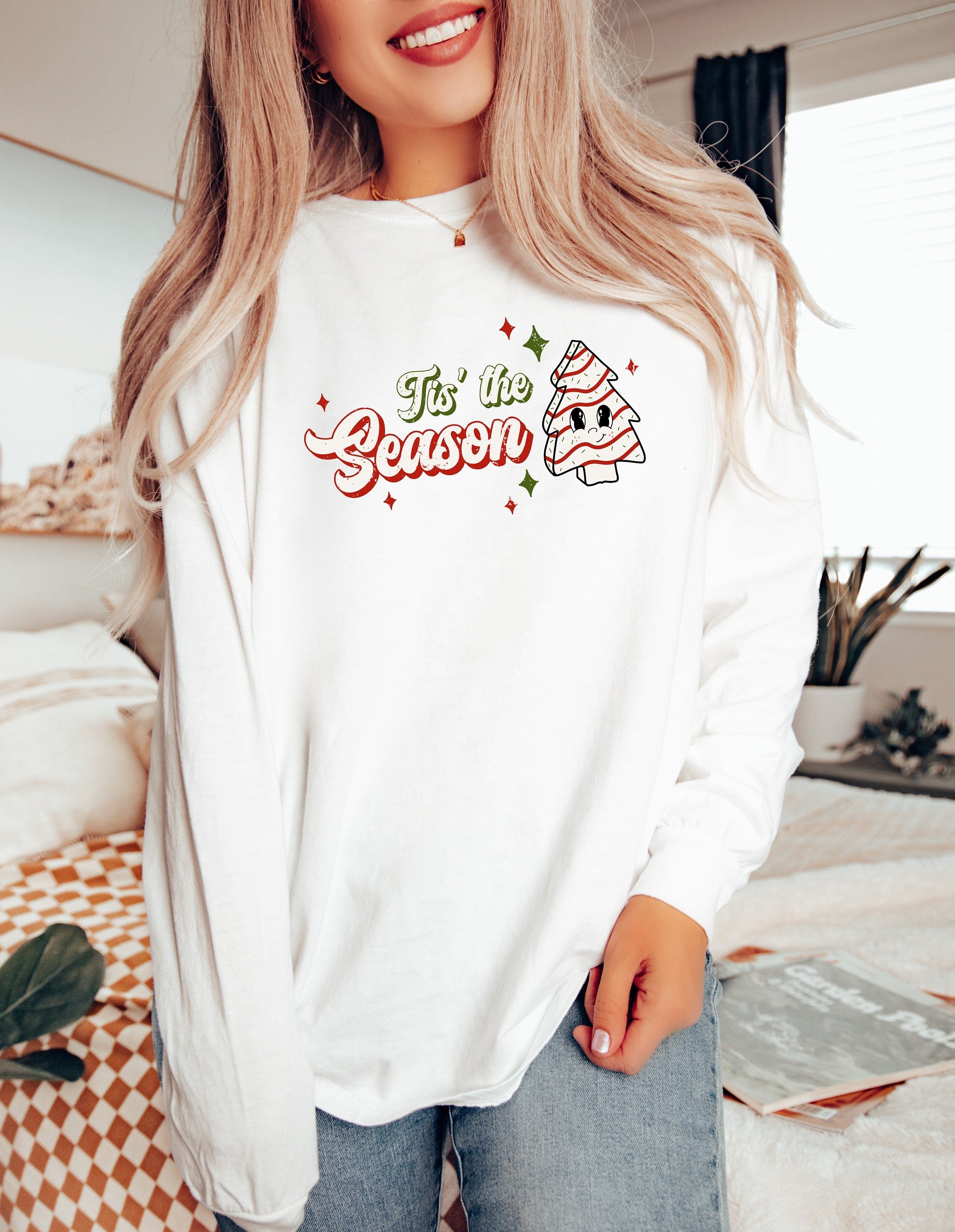 Long Sleeve Retro Christmas Comfort Colors shirt, Tis The Season Christmas Tree Cake, Vintage Holiday Shirt, Funny Xmas Shirt