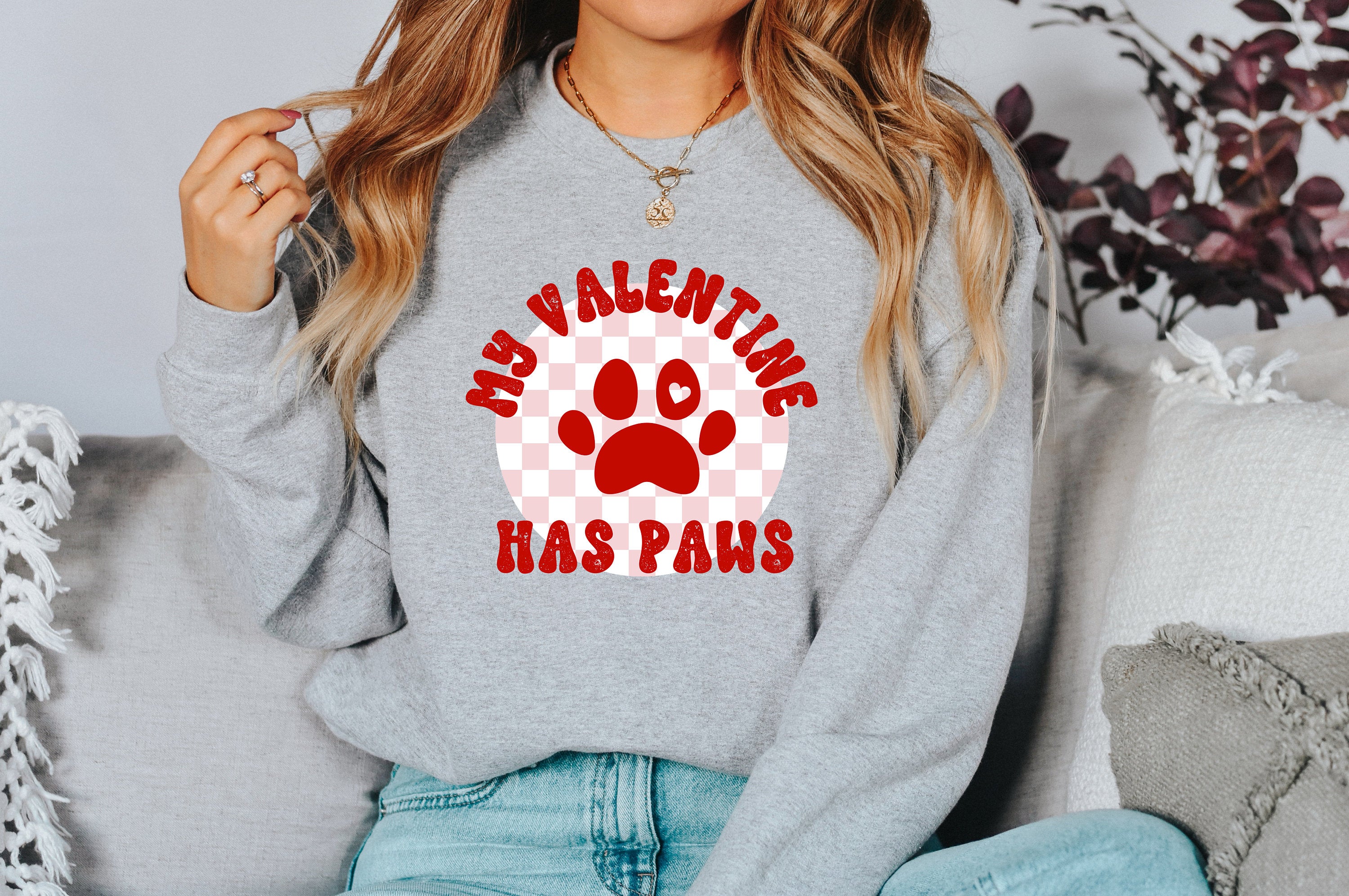 Retro Valentines Sweatshirt, My Valentine Has Paws , Galentines Day, Women's Valentines Day Crew, Red Crewneck, Varsity Pullover, dog mom