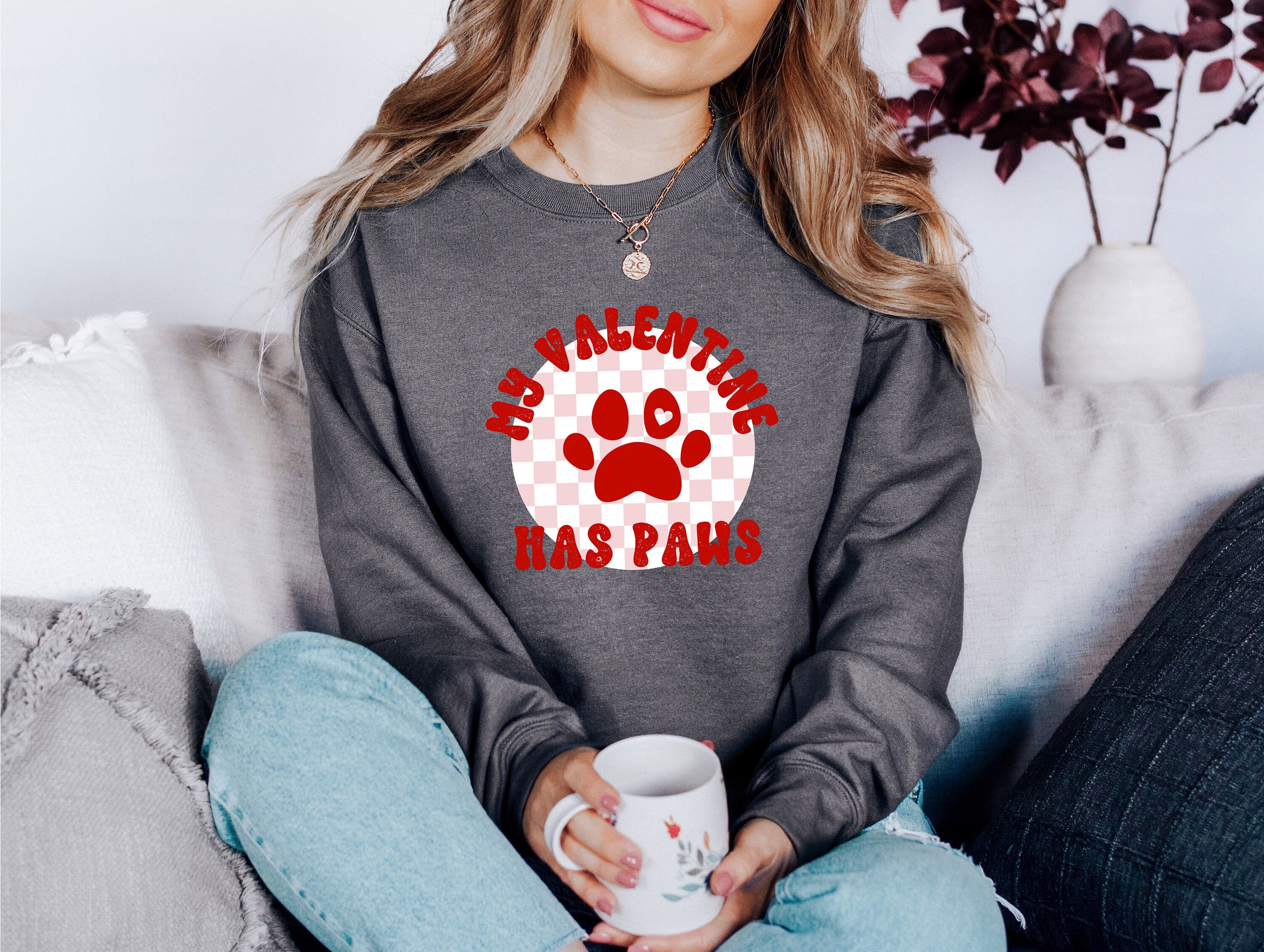 Retro Valentines Sweatshirt, My Valentine Has Paws , Galentines Day, Women's Valentines Day Crew, Red Crewneck, Varsity Pullover, dog mom