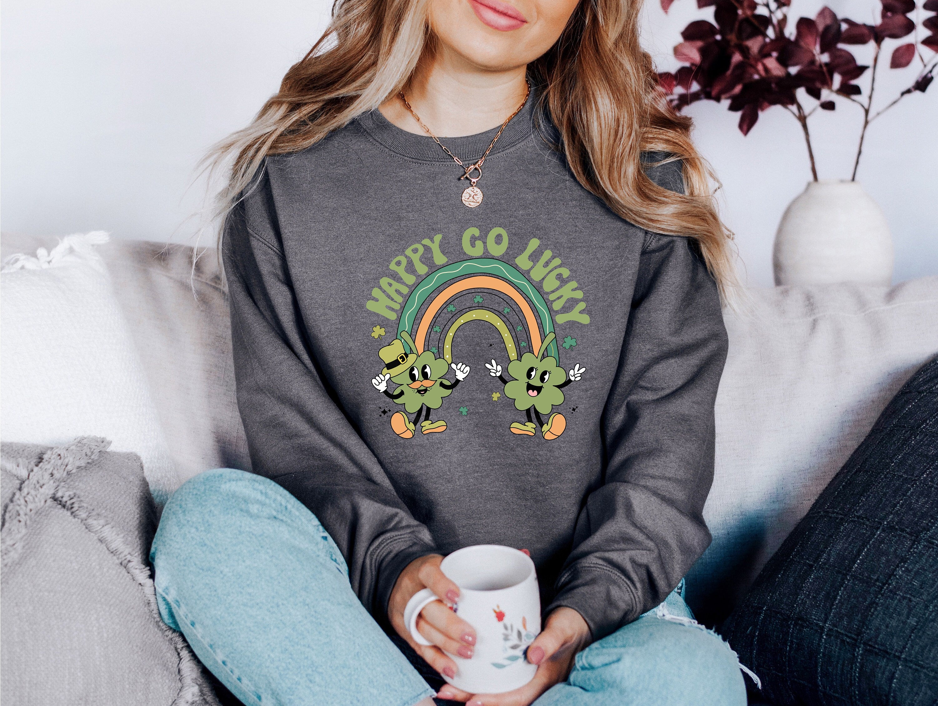 Retro Happy Go Lucky Sweatshirt, Lucky Clover Crew Neck, St Patricks Day Sweatshirt, St. Pattys Day Sweatshirt, St. Paddy's Sweater