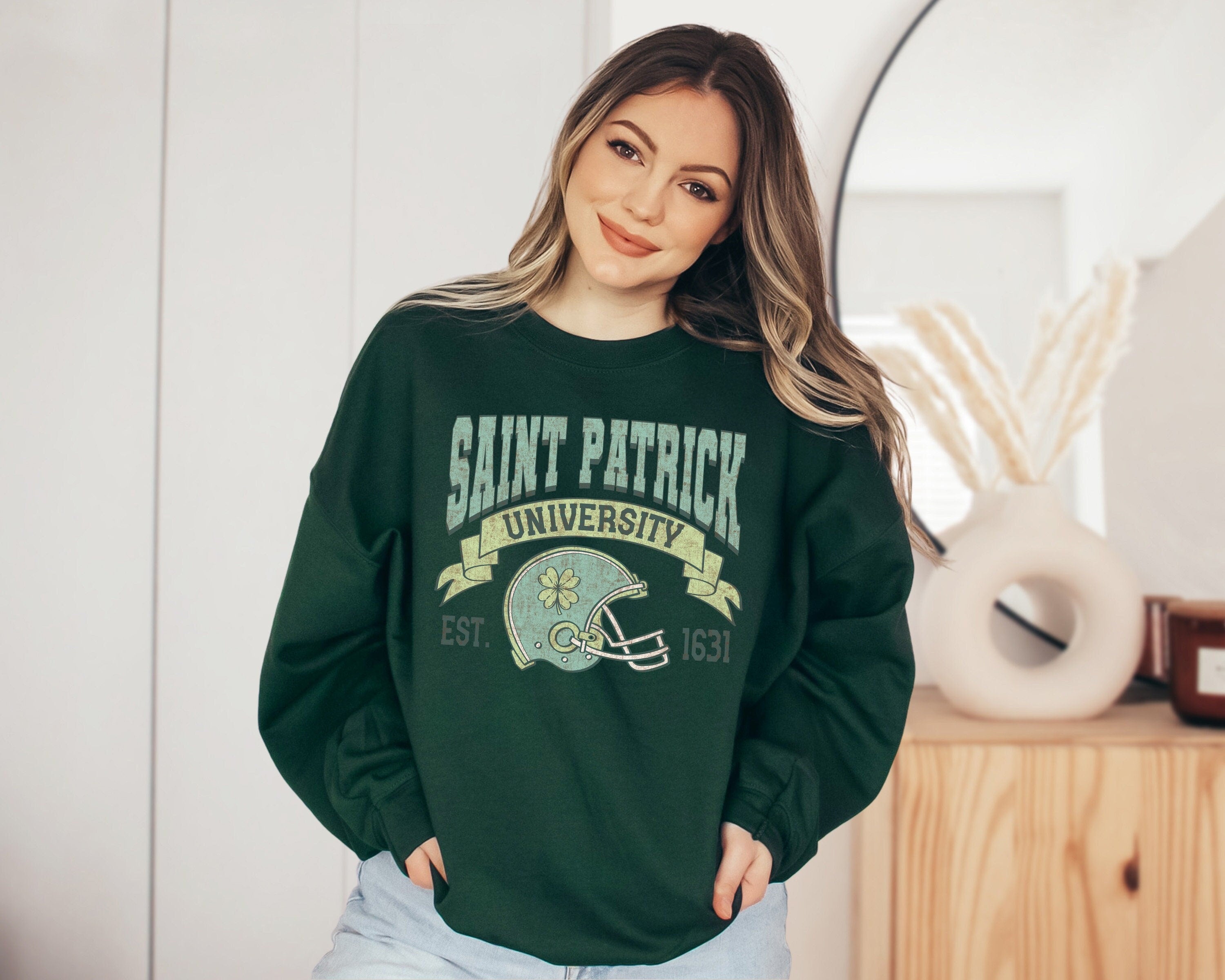 St. Patrick University Crew Lucky Clover Sweater, St Patricks Day Sweatshirt, St. Pattys Pullover, St Paddys Sweatshirt, Shamrock Shirt